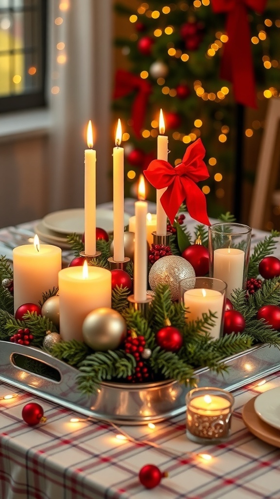 A festive Christmas table decorations tray with candles, ornaments, and greenery.